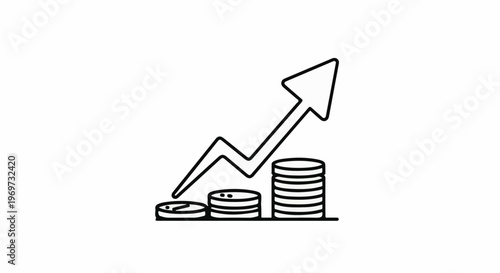 Stacks of coins with an upward trending arrow symbolizing growth