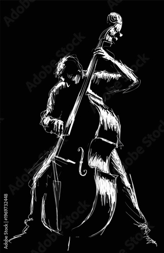 Jazz Double Bass Player Dynamic Ink Sketch; Professional Musician Illustration for Live Music Event Posters, Nightlife Branding, and Jazz Club Marketing