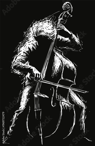 Jazz Double Bass Player Dynamic Ink Sketch; Professional Musician Illustration for Live Music Event Posters, Nightlife Branding, and Jazz Club Marketing