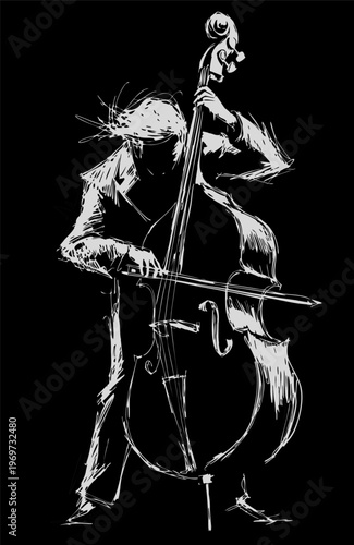 Jazz Double Bass Player Dynamic Ink Sketch; Professional Musician Illustration for Live Music Event Posters, Nightlife Branding, and Jazz Club Marketing