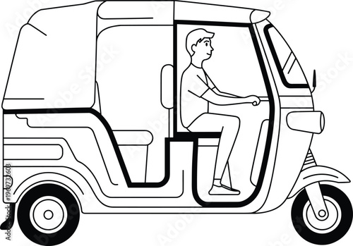 Auto rickshaw silhouette illustration with driver operating three-wheeled vehicle, representing tuk-tuk transport, urban mobility, compact design, and traditional city transportation concepts