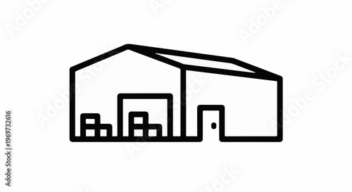 Simple outline drawing of a warehouse with stacked goods inside