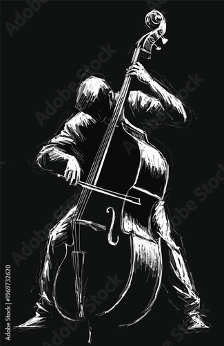 Jazz Double Bass Player Dynamic Ink Sketch; Professional Musician Illustration for Live Music Event Posters, Nightlife Branding, and Jazz Club Marketing