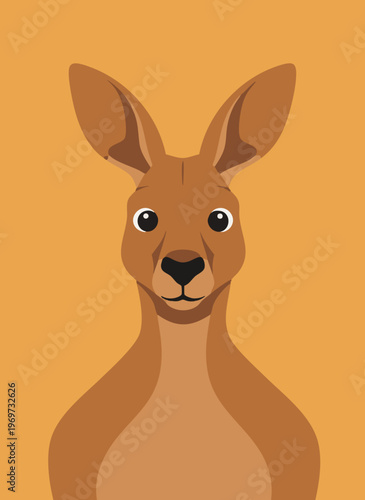 Front portrait of a kangaroo, Australian marsupial animal, large ears, brown fur, simple flat vector illustration on orange background.