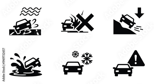 Cars navigating flooded roads with warning signs a safety illustration