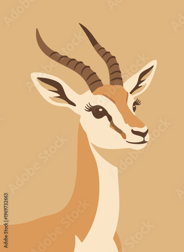 Gazelle head and neck profile, elegant antelope with curved horns, graceful wild animal, light brown and white coloring, flat vector art.