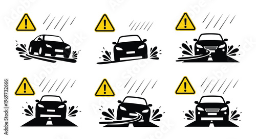 Cars navigating flooded roads with warning signs a safety illustration