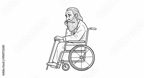 Elderly man with beard in wheelchair, pensive expression