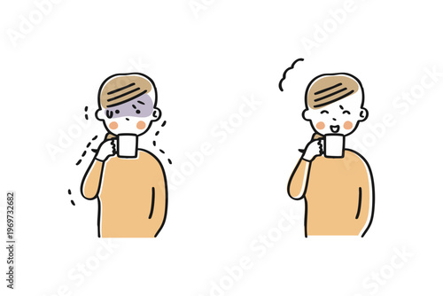 震える手でカップの飲み物を飲む女性と笑顔で飲む女性　ビフォーアフター