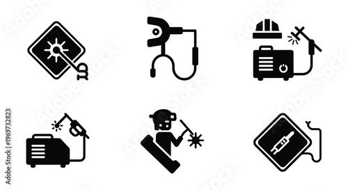 Welding icon set depicting various techniques and equipment in black