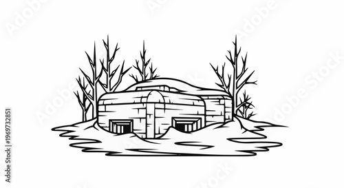 Stark winter scene with a concrete bunker nestled among bare trees