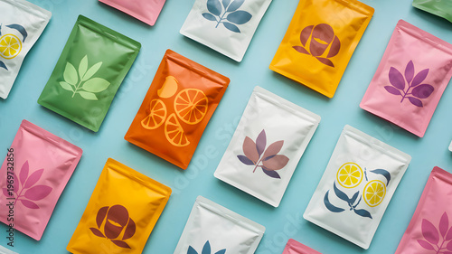 Collection of colorful organic food pouches with botanical illustrations on blue background for tea or snack packaging