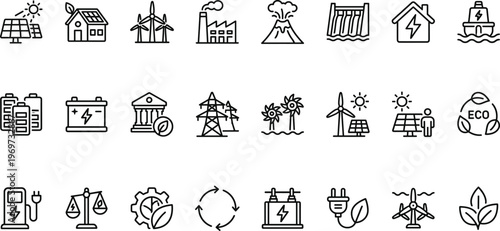 Renewable Energy and Eco Sustainability Line Icon Set Featuring Solar Power, Wind Turbines, Batteries, Green Technology, Electricity, and Environmental Protection Symbols