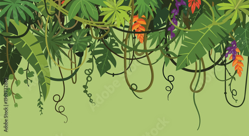 Tropical Jungle Rainforest Background with Hanging Vines and Exotic Foliage