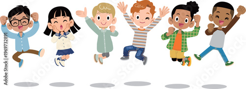 ジャンプする様々な国、様々な人種の子どもたち