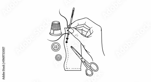 Hand sewing garment with needle, thread, buttons, thimble, and scissors