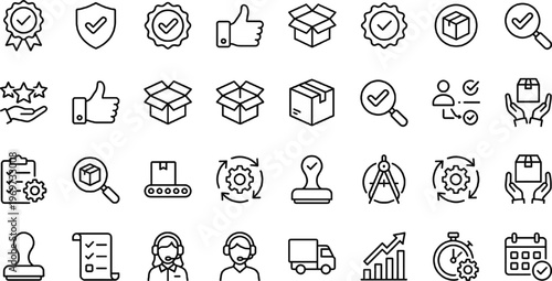 Quality Control and Logistics Icon Set Featuring Certification, Approval, Delivery, Packaging, Inspection, Warranty, Support, Supply Chain, and Business Line Vector Symbols