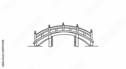 Elegant arched pedestrian bridge, clean outline drawing