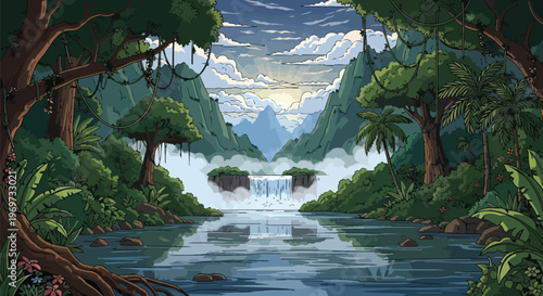 Pixel Art Tropical Jungle Landscape with Waterfall and River