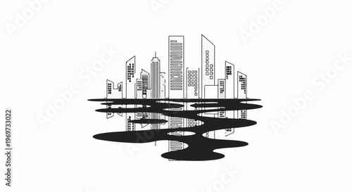 Minimalist outline of skyscrapers reflected in dark, abstract water