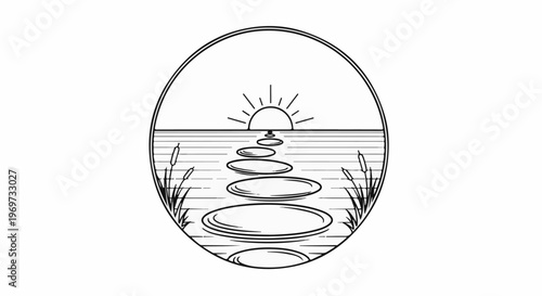 Stepping stones across tranquil water at sunrise, framed by reeds