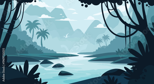 Tropical River Landscape with Palm Trees and Mountains Flat Vector Illustration