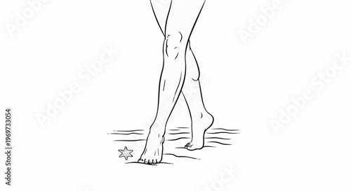 Elegant bare legs stepping on a sandy beach with a starfish