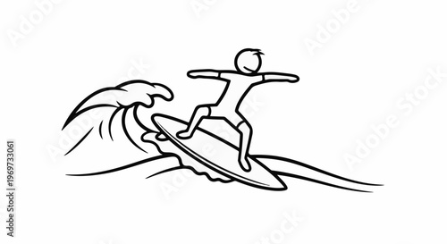Stick figure surfer rides a wave on a surfboard