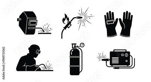 Welding icon set depicting various techniques and equipment in black