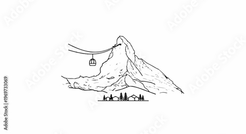 Outline of a mountain with a cable car and village below