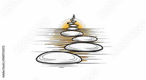 Stepping stones lead towards a sunset over rippling water