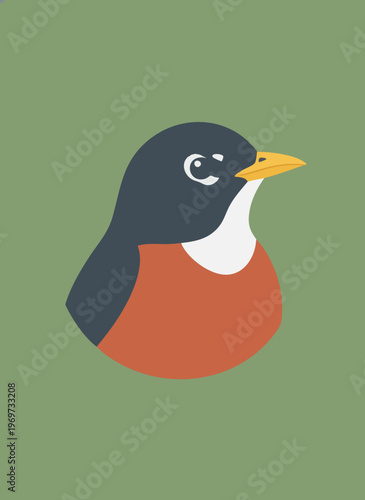Robin bird head illustration simple flat design on green background.