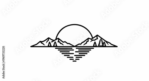 Minimalist outline of sun setting behind mountains and reflecting in water