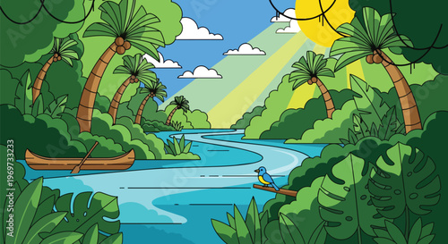 Tropical Jungle River Landscape with Canoe and Bird