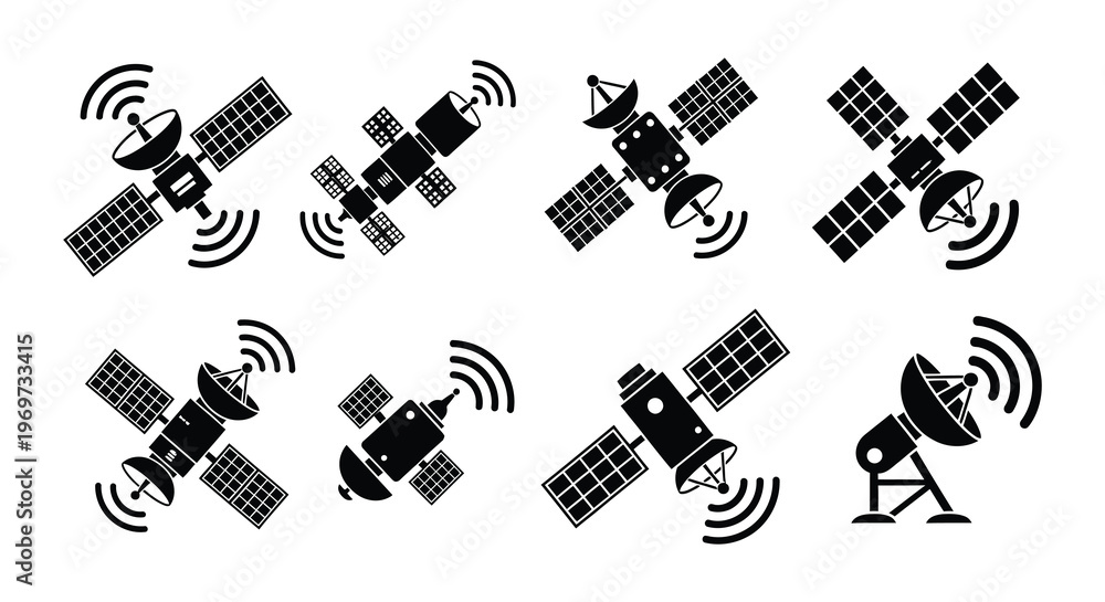 Fototapeta premium Collection of satellite icons in varying perspectives and orientations