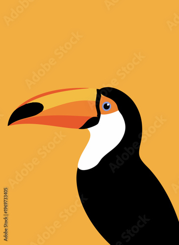Toucan bird illustration with bright orange beak simple flat design on yellow background.