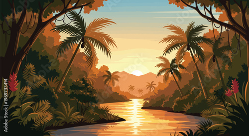 Tropical Jungle River Landscape at Sunset with Palm Trees