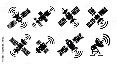 Collection of satellite icons in varying perspectives and orientations
