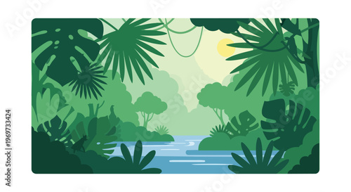Tropical Jungle River Landscape Vector Illustration with Lush Green Foliage