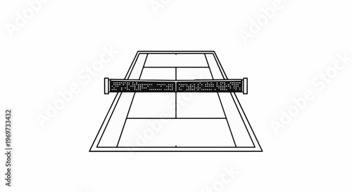 Simplified line drawing of a tennis court with a net and scoreboard