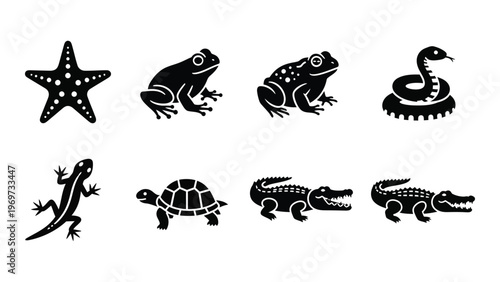 A collection of various reptile and amphibian silhouettes including a starfish depicted in a minimalist style silhouette high quality professional detailed