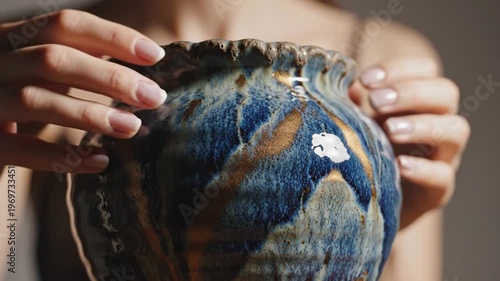 Hands gently touch artistic ceramic pot