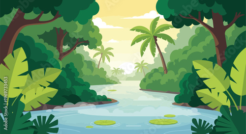 Tropical Jungle River Landscape with Lush Greenery and Palm Trees at Sunrise