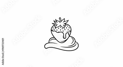 Single line art of a strawberry dipped in chocolate on a swirl of cream