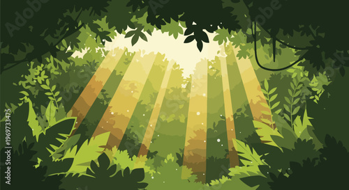 Sunlight rays streaming through lush tropical jungle foliage vector illustration