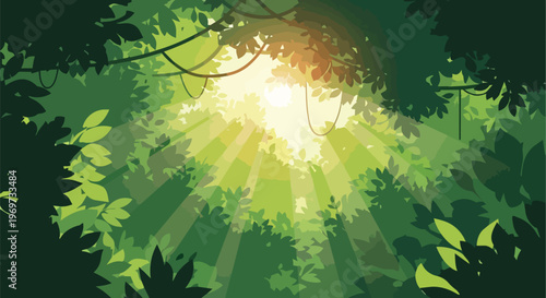 Sunlight streaming through dense tropical jungle canopy illustration