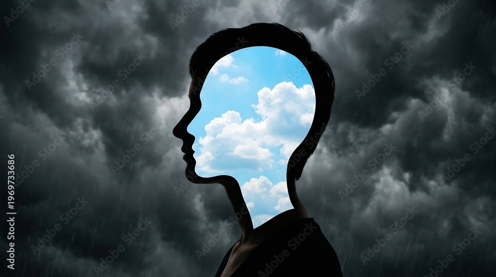 custom made wallpaper toronto digitalSilhouette of a person's head revealing a bright sky with clouds inside, contrasting with a dark, stormy background symbolizing inner thoughts.