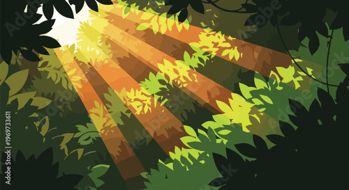 Sunlight rays streaming through dense forest canopy vector illustration