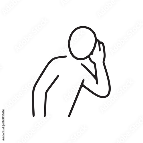 Minimalist human body language listening hand to ear pose outline icon vector