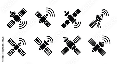 Collection of satellite icons in varying perspectives and orientations